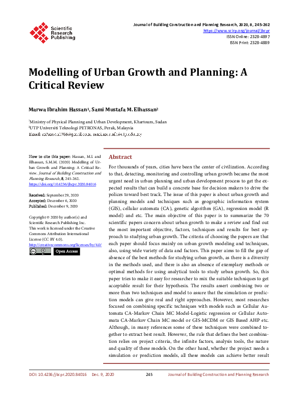 (PDF) Modelling of Urban Growth and Planning: A Critical Review