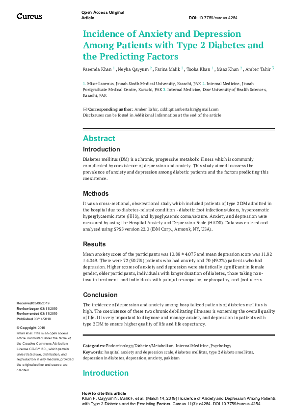 (PDF) Incidence of Anxiety and Depression Among Patients with Type 2 ...