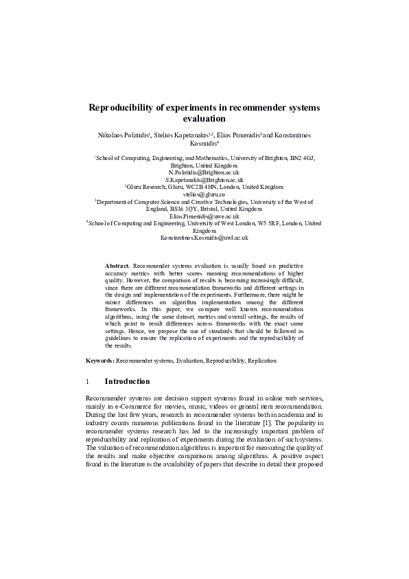 (PDF) Reproducibility of Experiments in Recommender Systems Evaluation