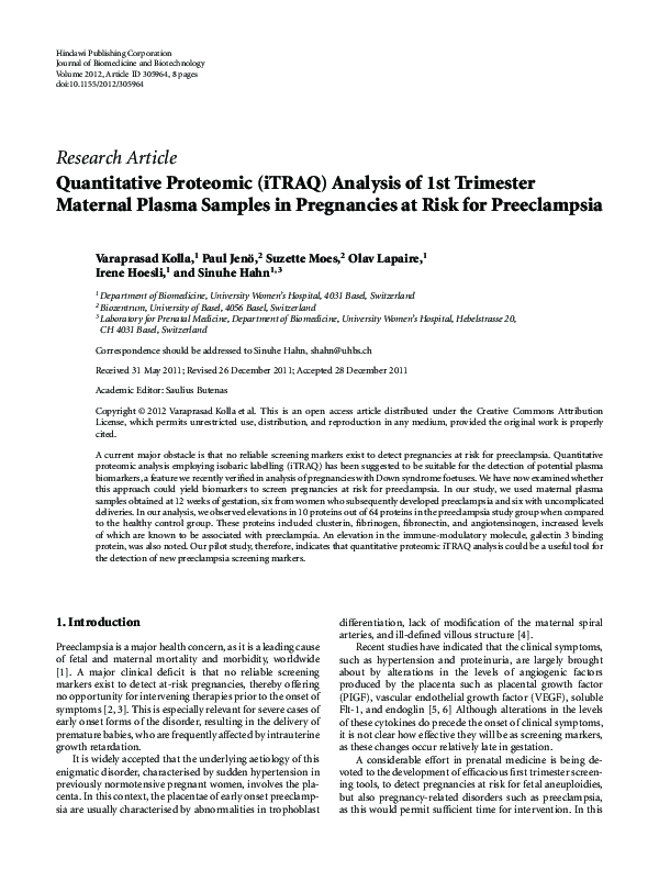 (PDF) Quantitative Proteomic (iTRAQ) Analysis of 1st Trimester Maternal ...