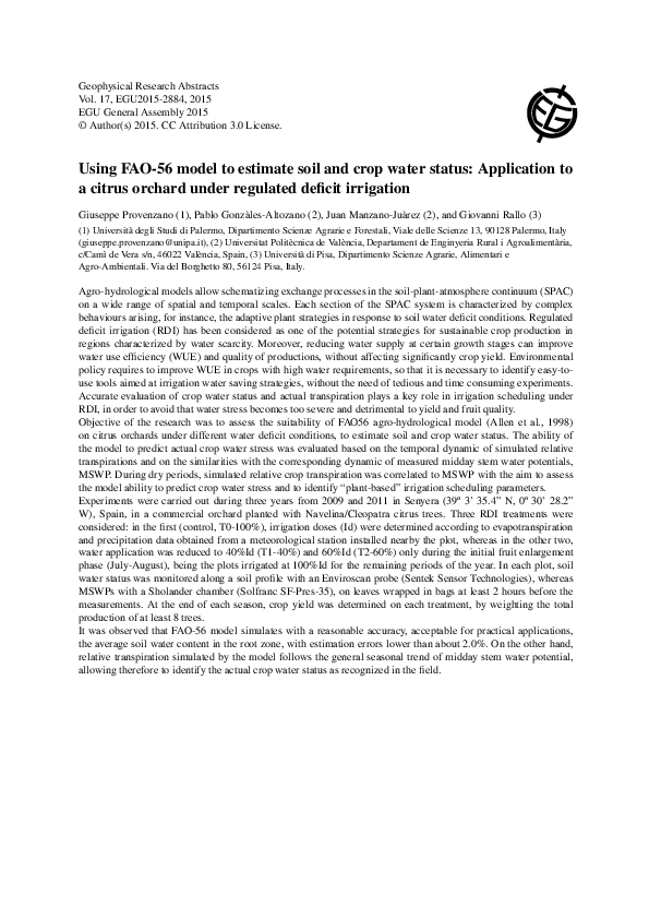 (PDF) Using FAO-56 model to estimate soil and crop water status ...