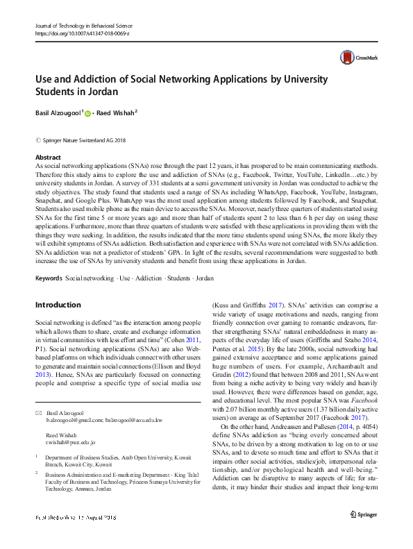 (PDF) Use and Addiction of Social Networking Applications by University ...