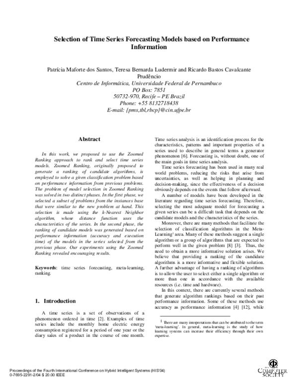 (PDF) Selection of Time Series Forecasting Models based on Performance ...