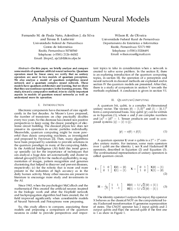 (PDF) Analysis of Quantum Neural Models