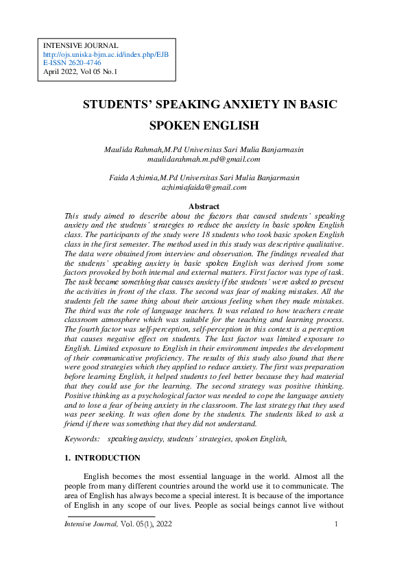 (PDF) Students’ Speaking Anxiety in Basic Spoken English
