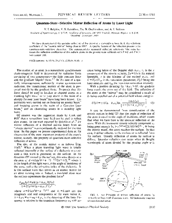 (PDF) Quantum-State-Selective Mirror Reflection of Atoms by Laser Light