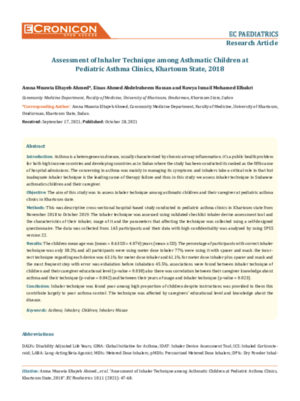(PDF) Assessment of Inhaler Technique among Asthmatic Children ...