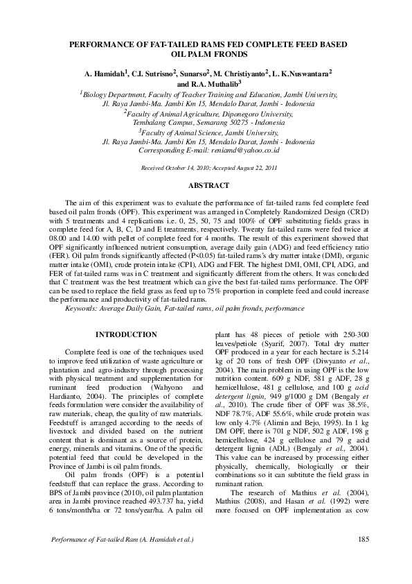 (PDF) Performance of Fat-Tailed Rams Fed Complete Feed Based Oil Palm ...