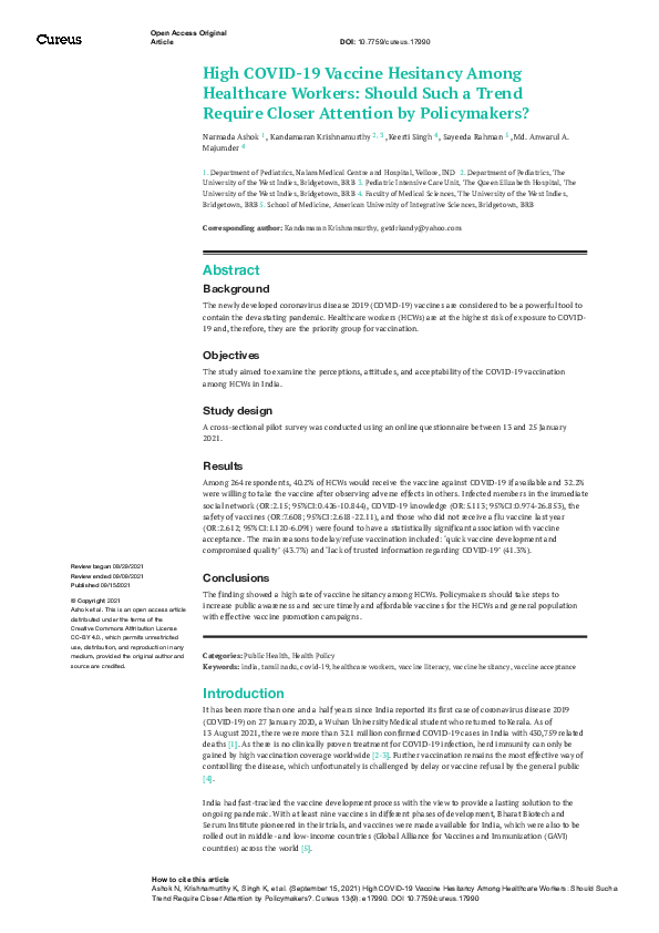 (PDF) High COVID-19 Vaccine Hesitancy Among Healthcare Workers: Should ...