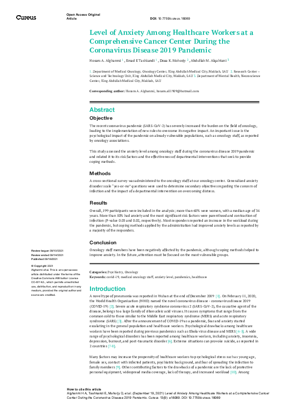 (PDF) Level of Anxiety Among Healthcare Workers at a Comprehensive ...