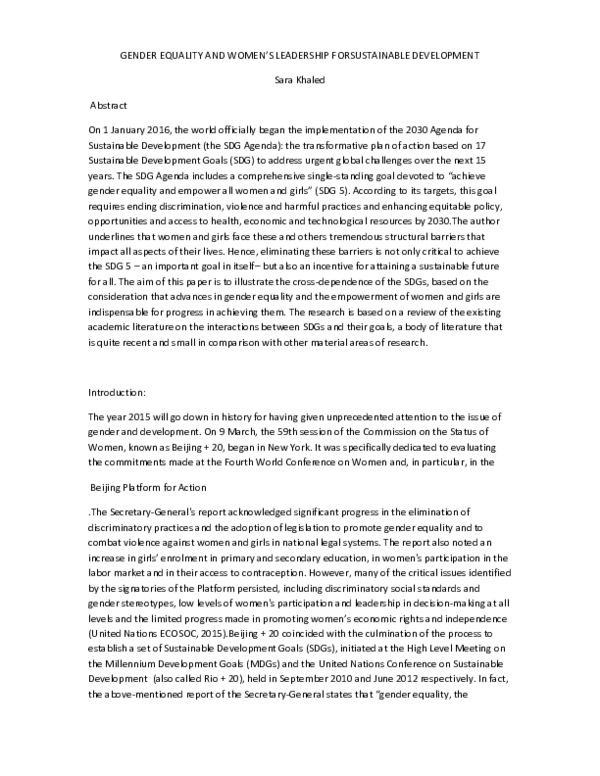 (PDF) GENDER EQUALITY AND WOMEN'S LEADERSHIP FORSUSTAINABLE DEVELOPMENT