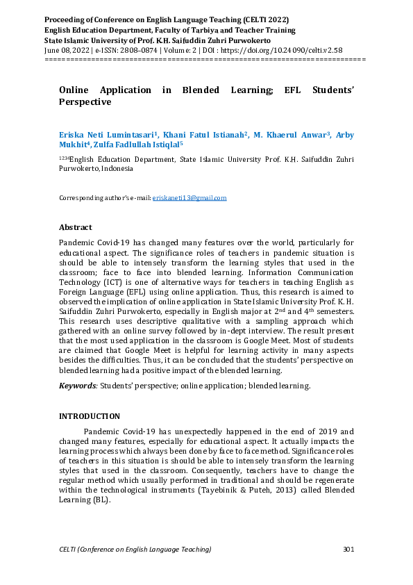 (PDF) Online Application in Blended Learning; EFL Students’ Perspective