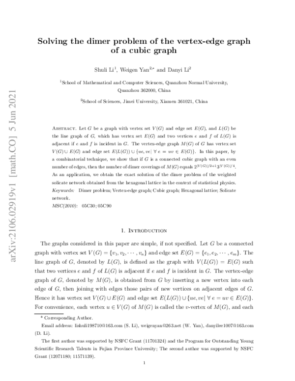 (PDF) Solving the dimer problem of the vertex-edge graph of a cubic ...