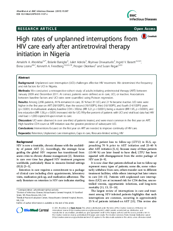 (PDF) High rates of unplanned interruptions from HIV care early after ...