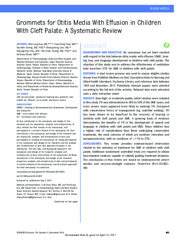 (PDF) Grommets for otitis media with effusion in children with cleft