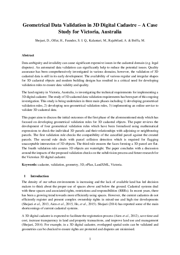 (PDF) Geometrical data validation in 3D digital cadastre − A case study ...