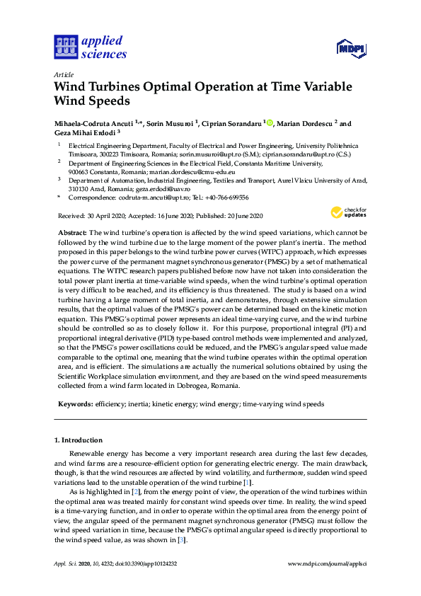 (PDF) Wind Turbines Optimal Operation at Time Variable Wind Speeds
