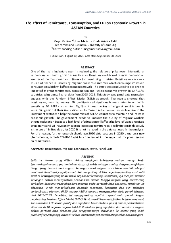 (PDF) The Effect of Remittance, Consumption, and FDI on Economic Growth ...