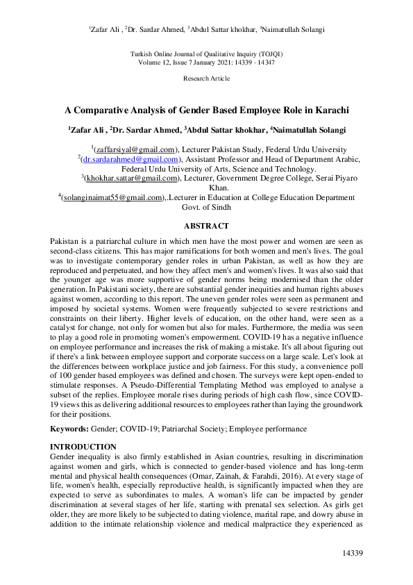 (PDF) A Comparative Analysis of Gender Based Employee Role in Karachi