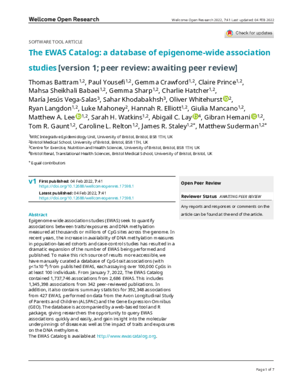 (PDF) The EWAS Catalog: a database of epigenome-wide association studies