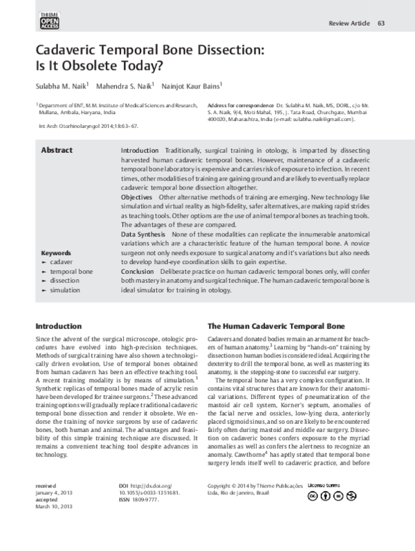 (PDF) Cadaveric Temporal Bone Dissection Is It Obsolete Today