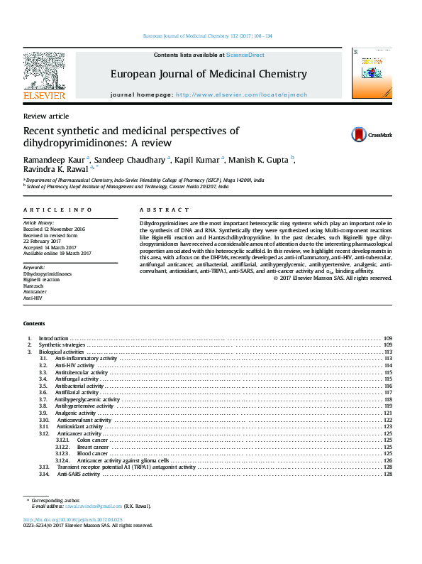 (PDF) Recent synthetic and medicinal perspectives of ...