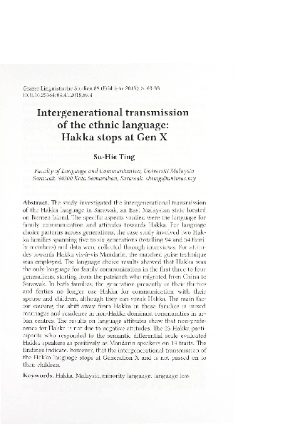 (PDF) Intergenerational transmission of the ethnic language :Hakka ...