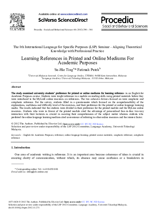 (PDF) Learning References in Printed and Online Mediums for Academic ...