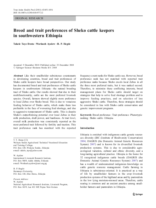 (PDF) Breed and trait preferences of Sheko cattle keepers in ...