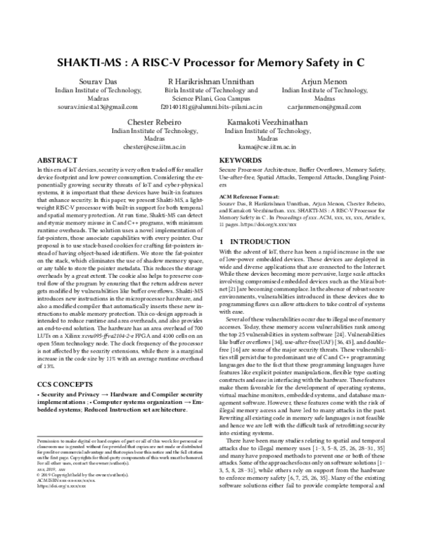 (PDF) SHAKTIMS a RISCV processor for memory safety in C Kamakoti
