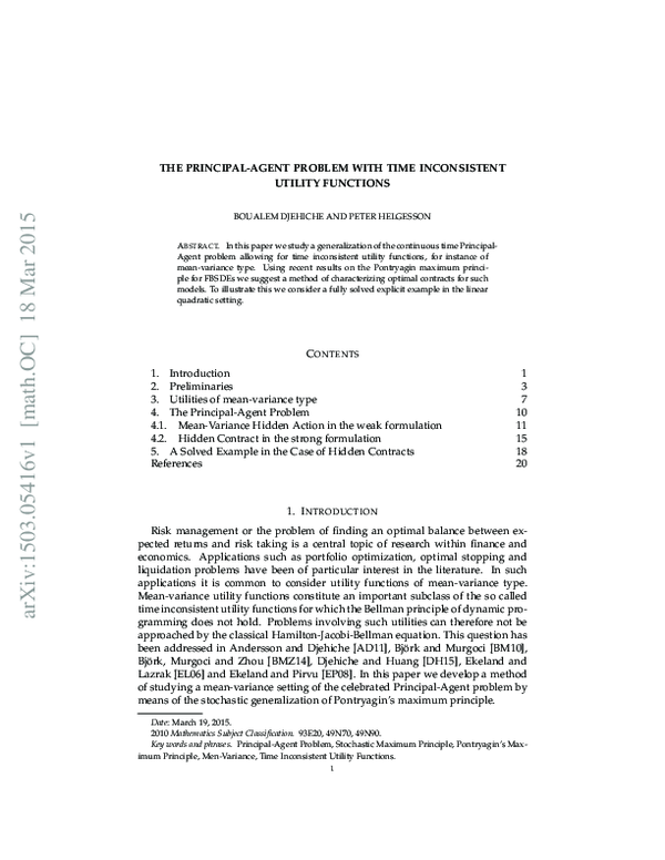 (PDF) The Principal-Agent Problem With Time Inconsistent Utility Functions