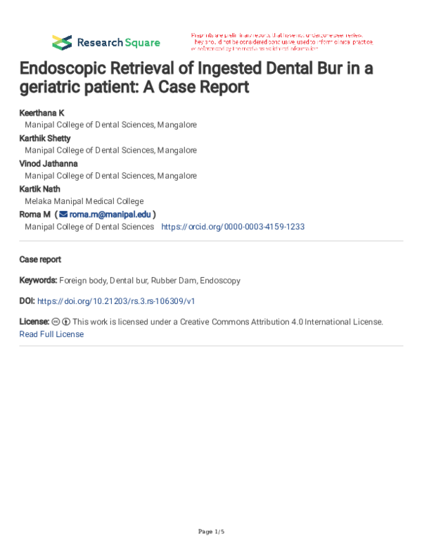 (PDF) Endoscopic Retrieval of Ingested Dental Bur in a geriatric