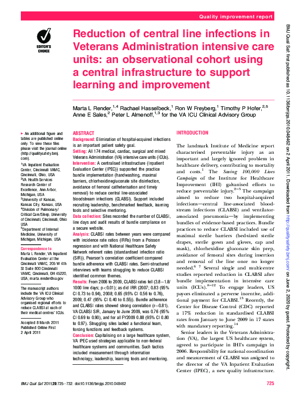(PDF) Reduction of central line infections in Veterans Administration ...