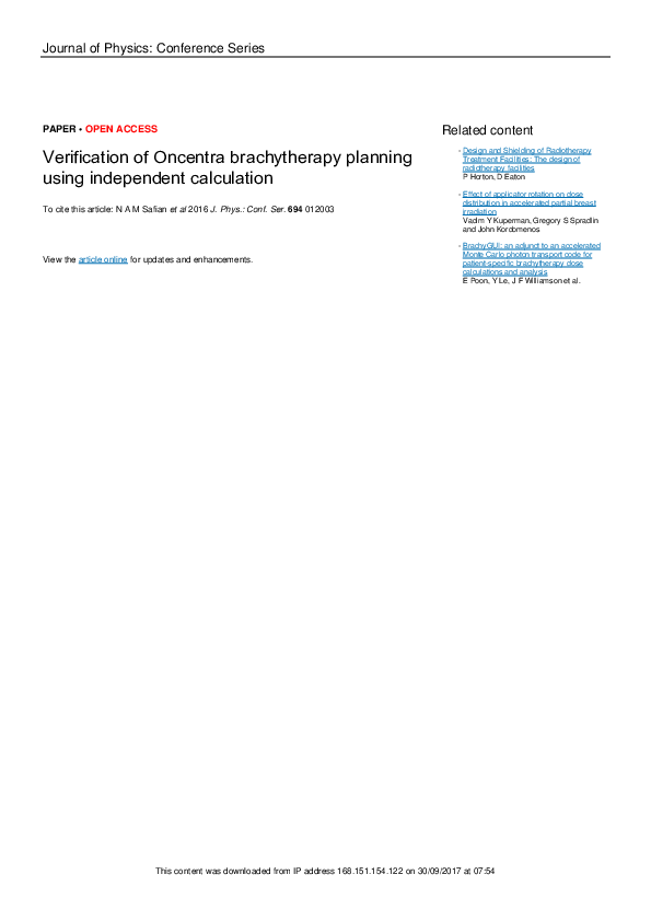 (PDF) Verification of Oncentra brachytherapy planning using independent ...