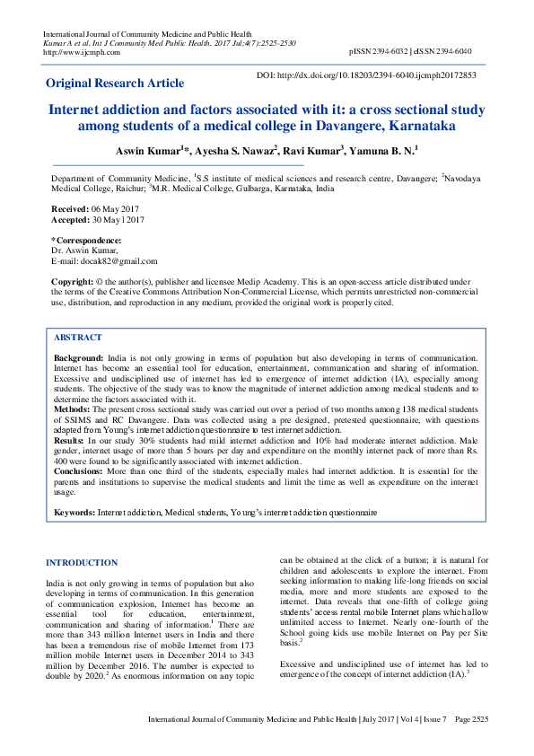 (PDF) Internet addiction and factors associated with it: a cross ...