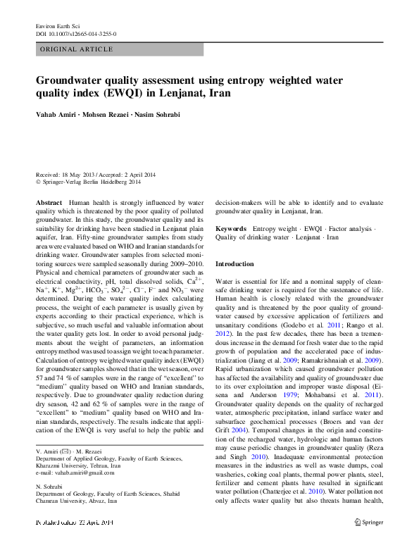 (PDF) Groundwater quality assessment using entropy weighted water ...
