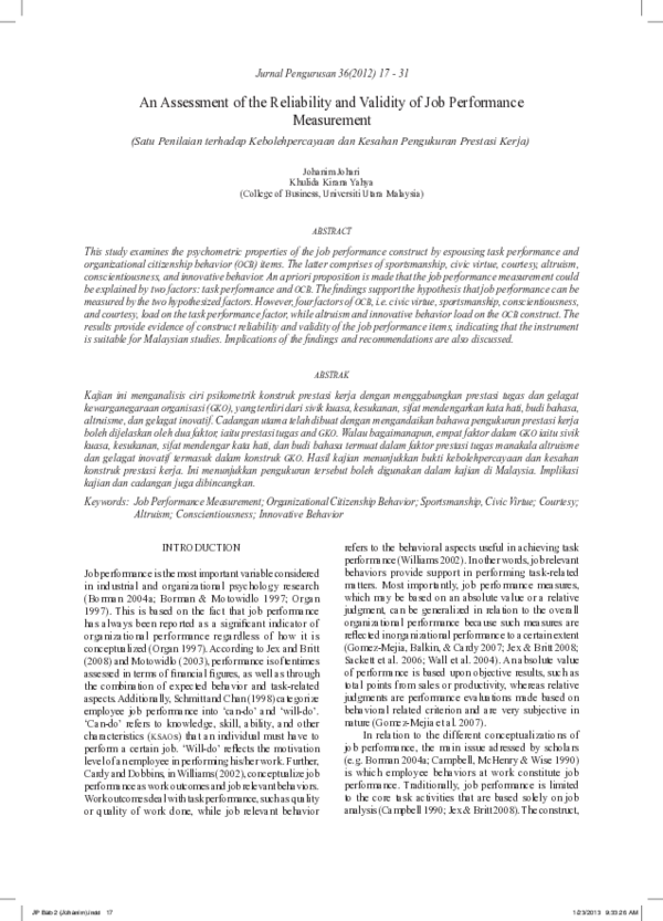 (PDF) An Assessment of the Reliability and Validity of Job Performance ...