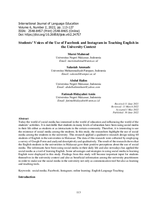 (PDF) Students’ Voices of the Use of Facebook and Instagram in Teaching ...