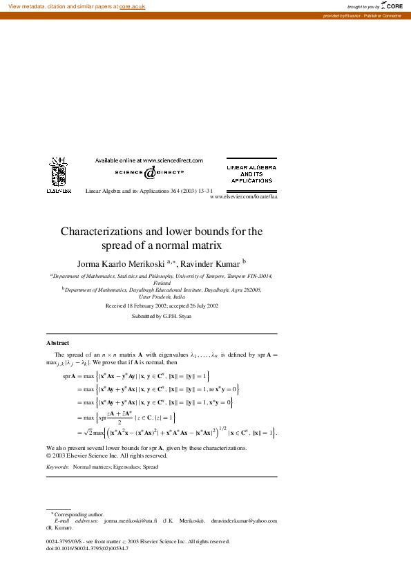 (PDF) Characterizations and lower bounds for the spread of a normal matrix