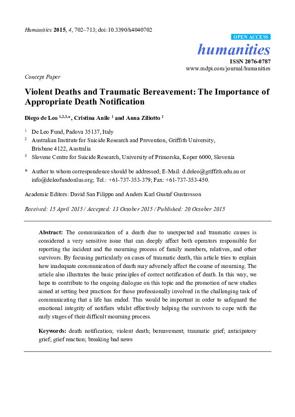 (PDF) Violent Deaths and Traumatic Bereavement The Importance of