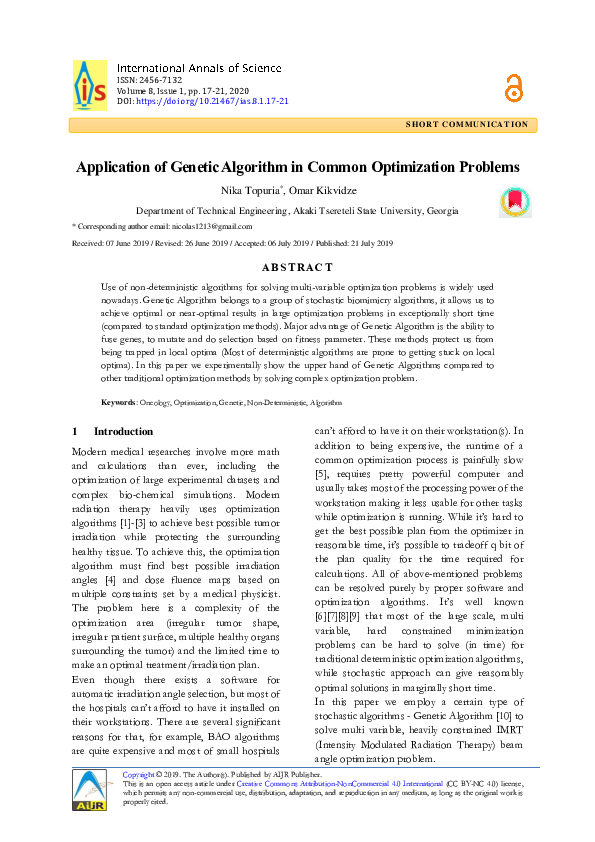 (PDF) Application of Genetic Algorithm in Common Optimization Problems