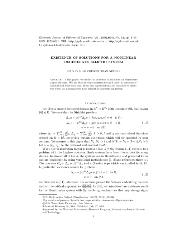 (PDF) Existence of solutions for a nonlinear degenerate elliptic system