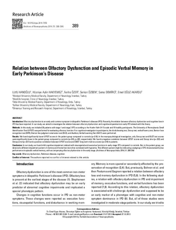 (PDF) Relation between Olfactory Dysfunction and Episodic Verbal Memory ...