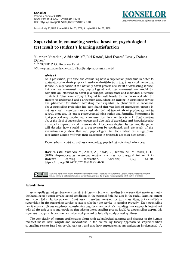 (PDF) Supervision in counseling service based on psychological test ...