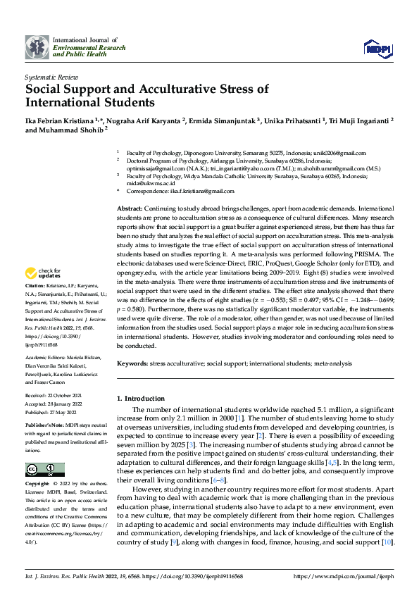 (PDF) Social Support and Acculturative Stress of International Students