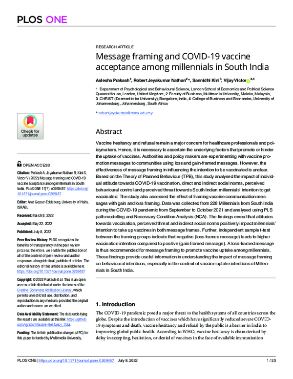 (PDF) Message framing and COVID-19 vaccine acceptance among millennials ...