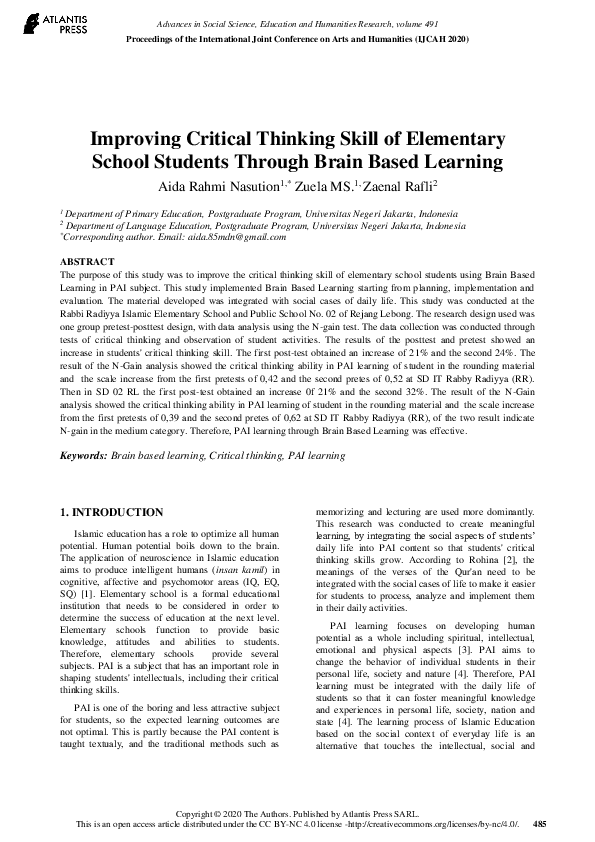 (PDF) Improving Critical Thinking Skill of Elementary School Students ...