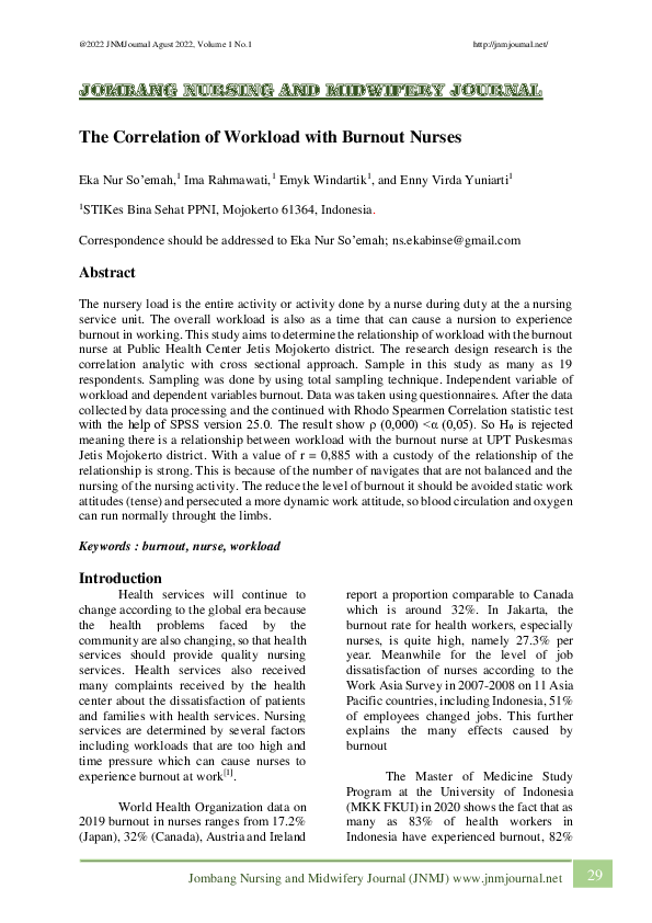(PDF) The Correlation of Workload with Burnout Nurses