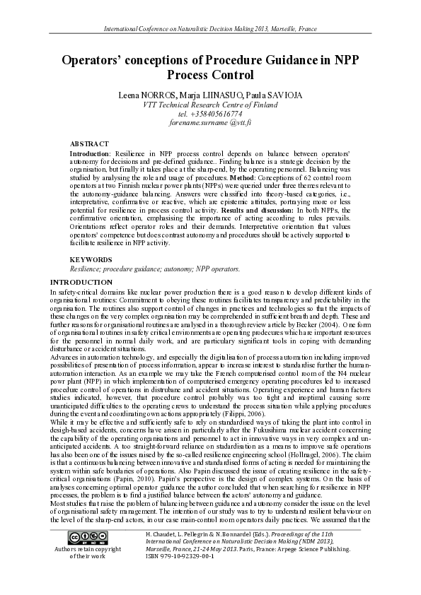 (PDF) Operators’ conceptions of procedure guidance in NPP process control