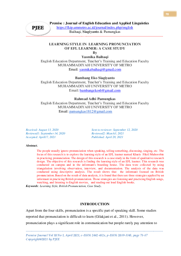 (PDF) Learning Style in Learning Pronunciation of Efl Learner
